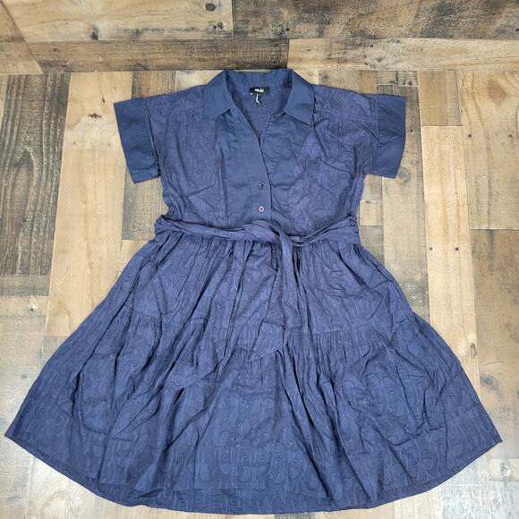 Me +‎ Em Navy Short Sleeve Midi Textured Lace Flowy Dress w/ Pockets & Belt Sz 4 - Picture 1 of 15